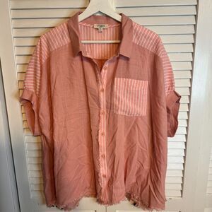Umgee Striped Accents Oversized Collared‎ Button Down Top SZ M
